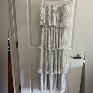 White and black polka dot ruffled off the shoulder dress